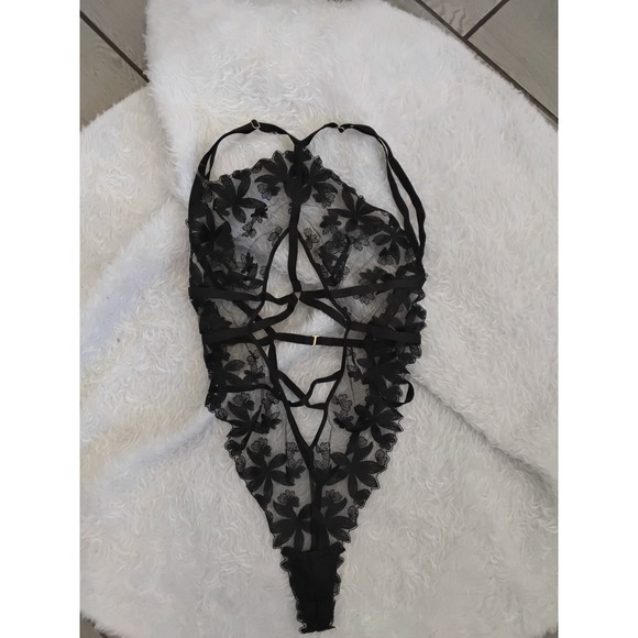 Victoria's Secret Tops - Victoria's Secret Black Floral Embroidered Mesh Strappy Teddy Bodysuit Large